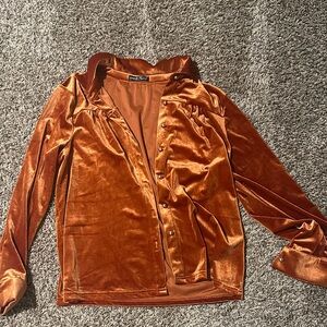 SHEIN Velvet Button-Up Blouse in Rich Brown